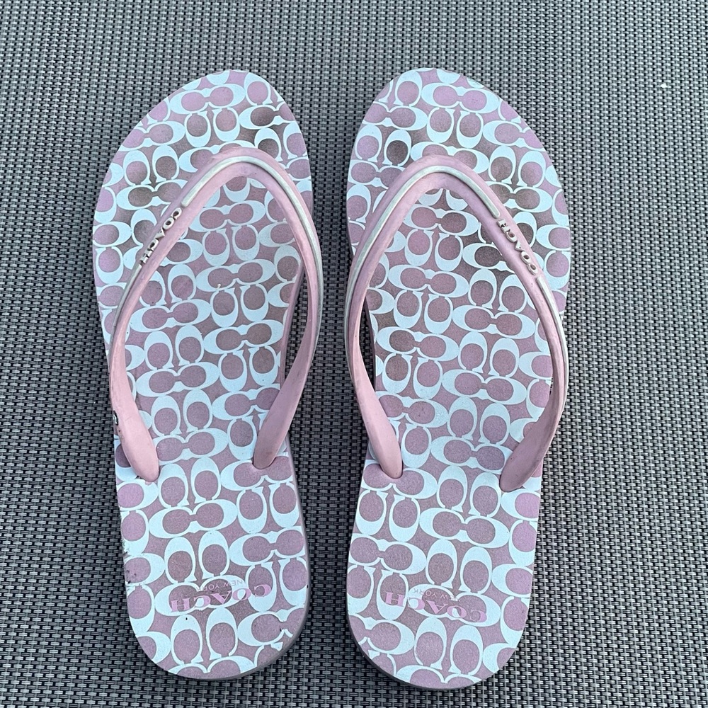 Coach signature flip flops pink white size 9